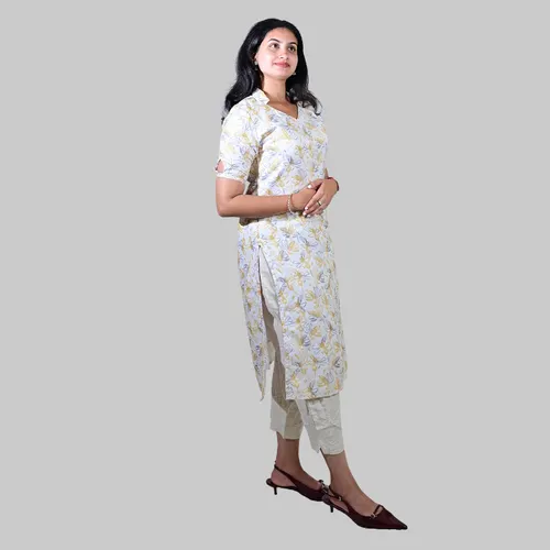 white with yellow half collar kurti